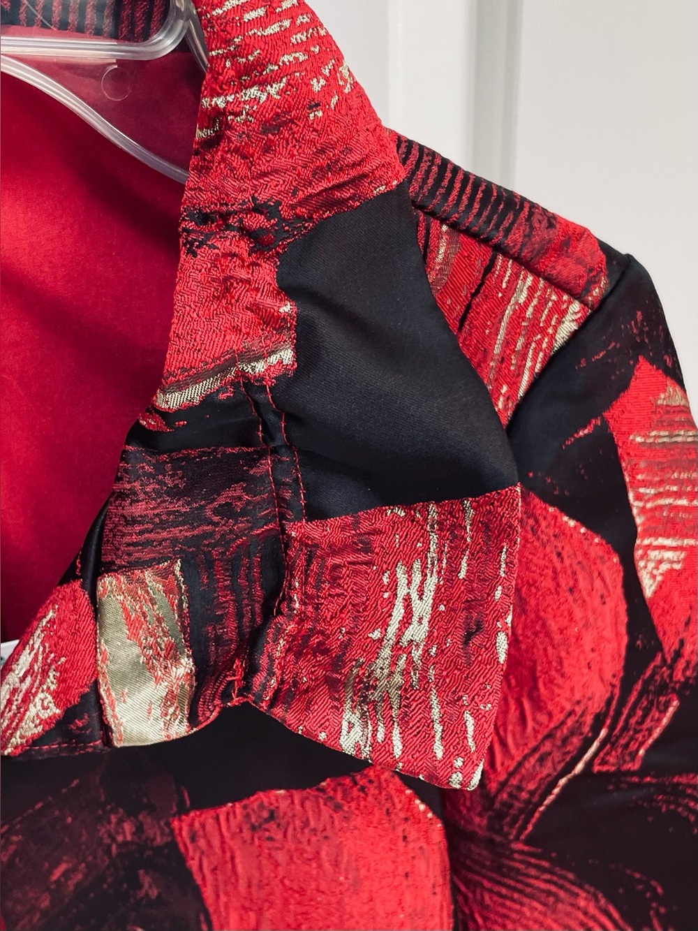NWT Ming Wang Red Black Gold Brushstroke Jacquard Ruffle Collar Jacket Small - Picture 8 of 14